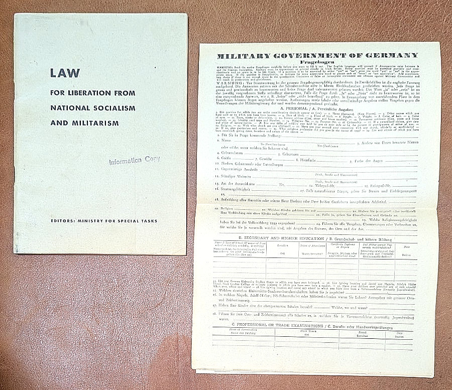 1945-46 WWII Denazification Fragebogen & Liberation Law US Military Germany