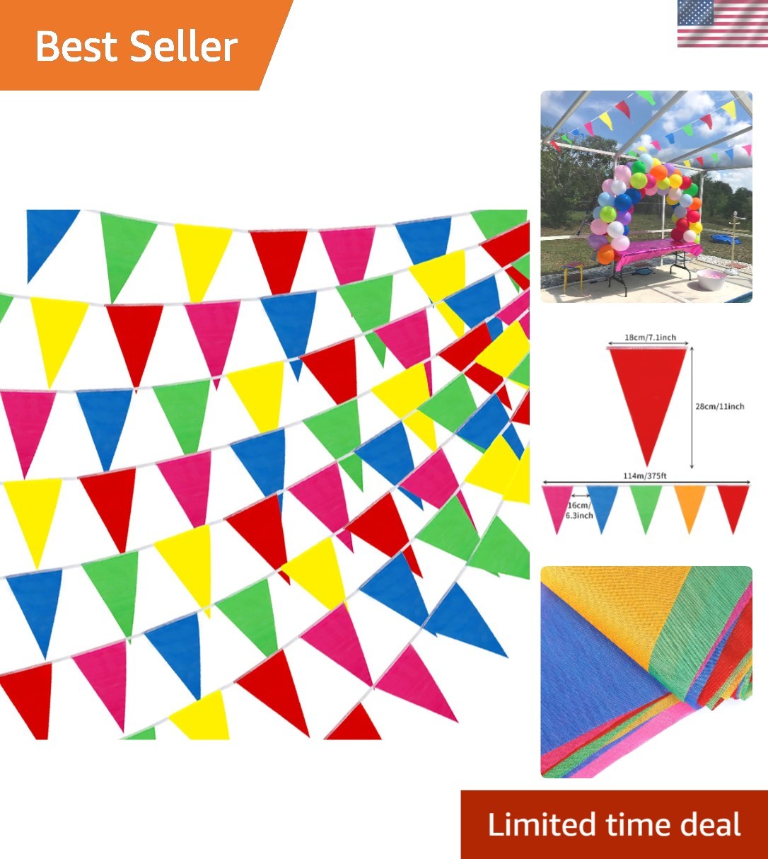 Vibrant 300pcs Nylon Pennant Flags - 375ft Party Decorations for All Occasions