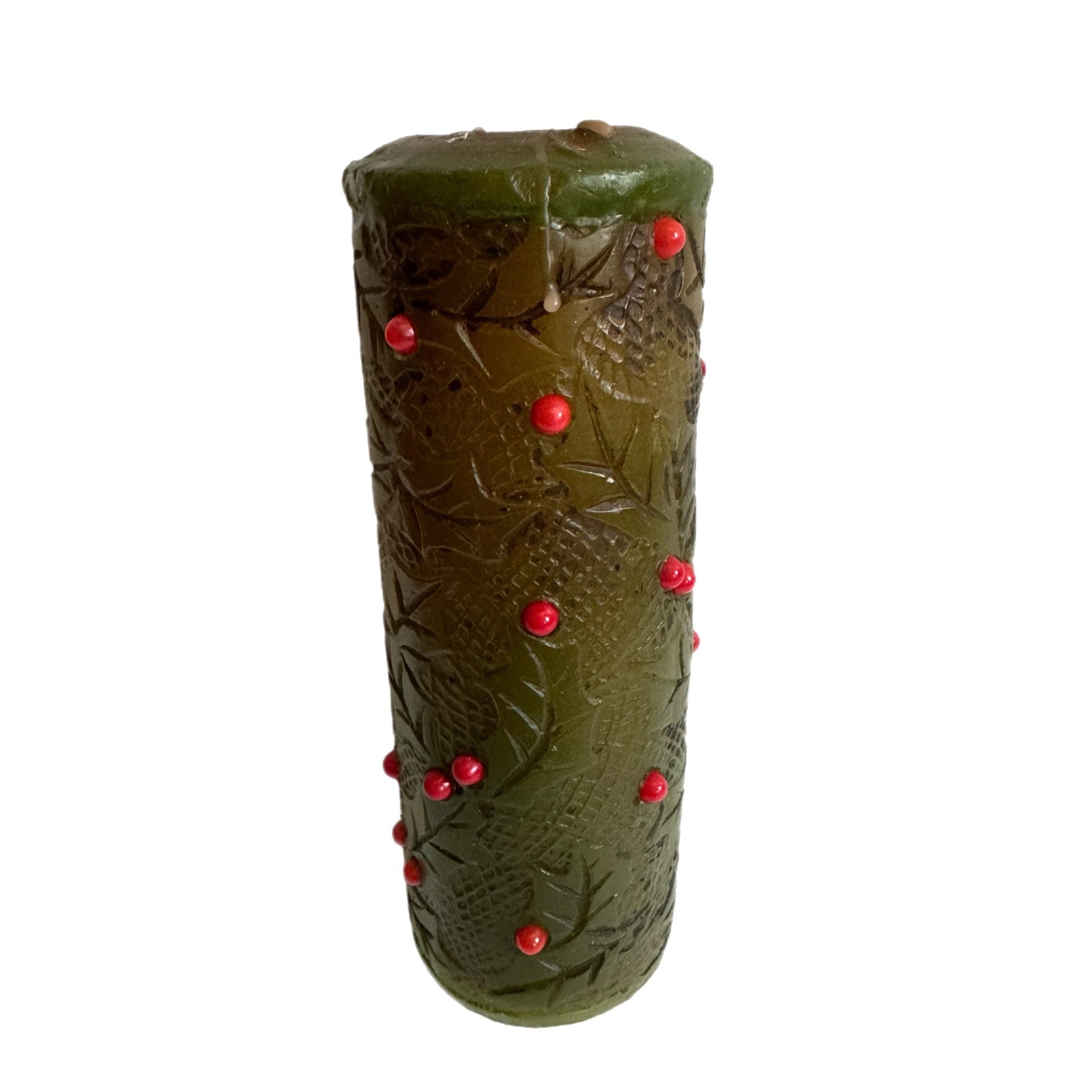 Vintage 3D Embossed Green Christmas Candle Red Berries Mid Century Kitsch