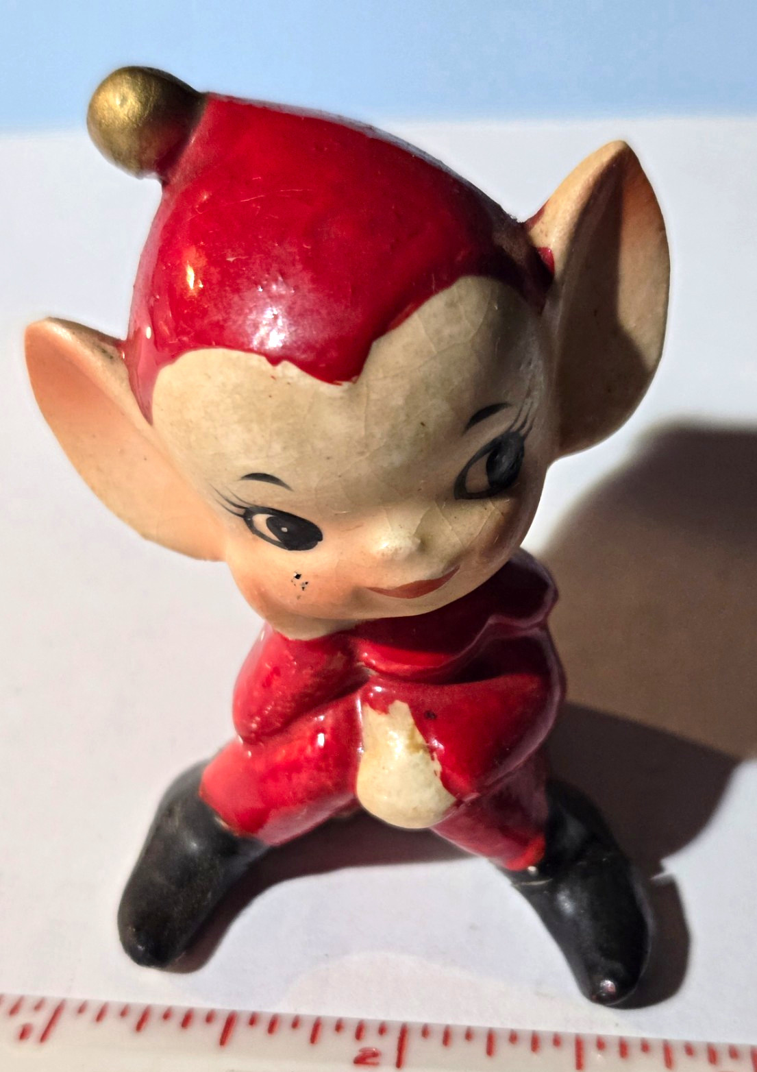 Vintage Ceramic Elf Figurine, Red Hat, Black Boots, left one repaired reglued