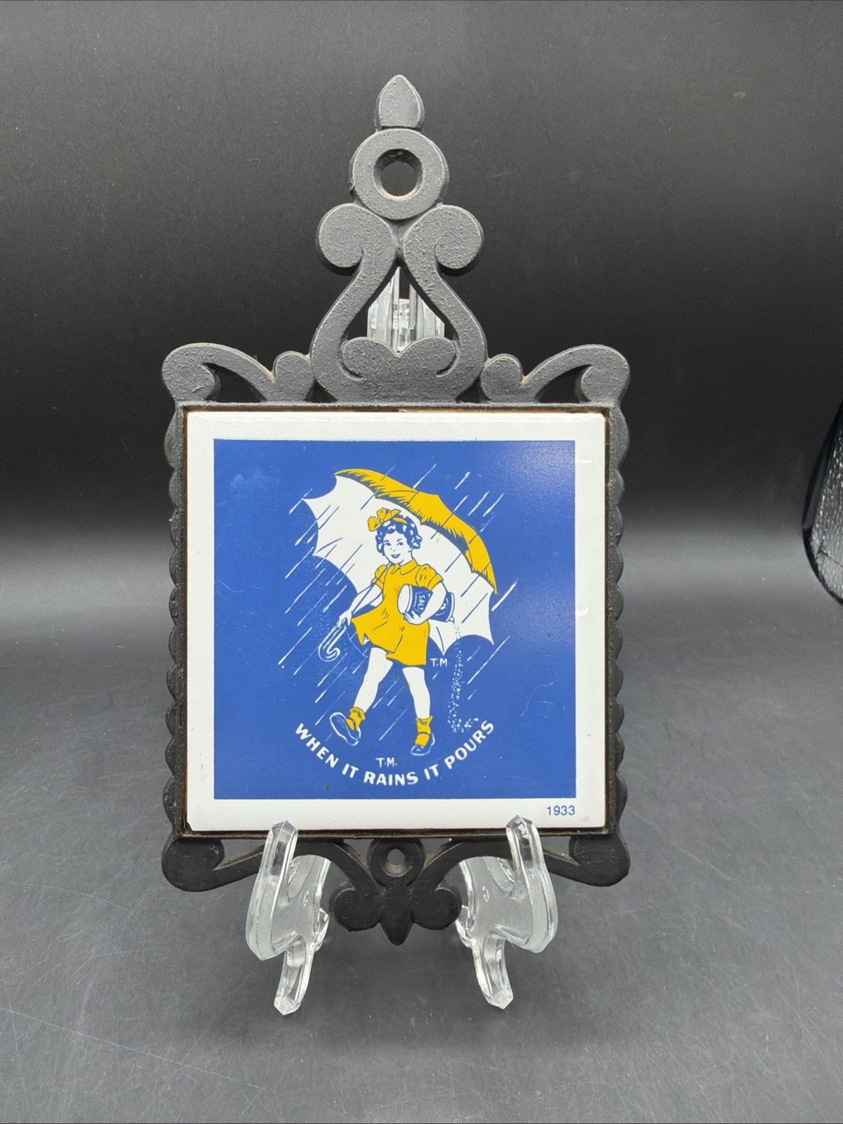 VTG Morton Salt Trivet Cast Iron Umbrella Girl When it Rains it Pour Japan. READ