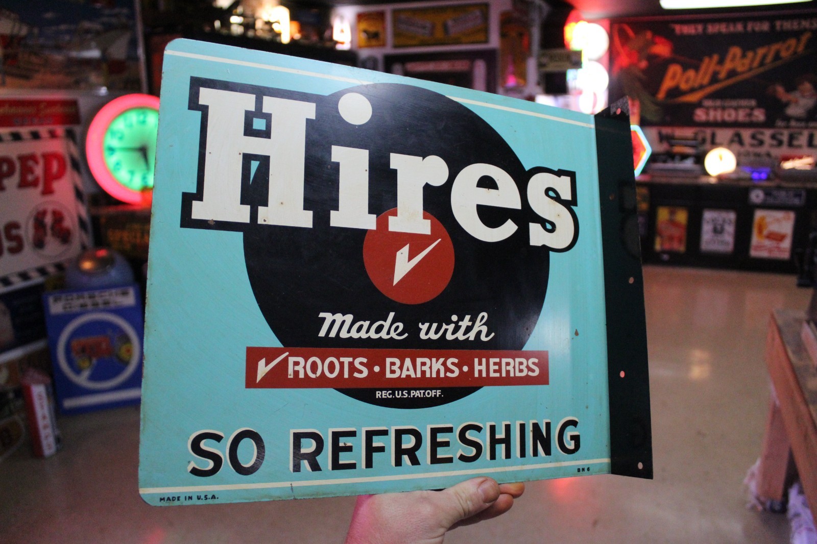 RARE 1950s HIRES ROOT BEER  PAINTED METAL 2-SIDED FLANGE SIGN SODA POP GAS
