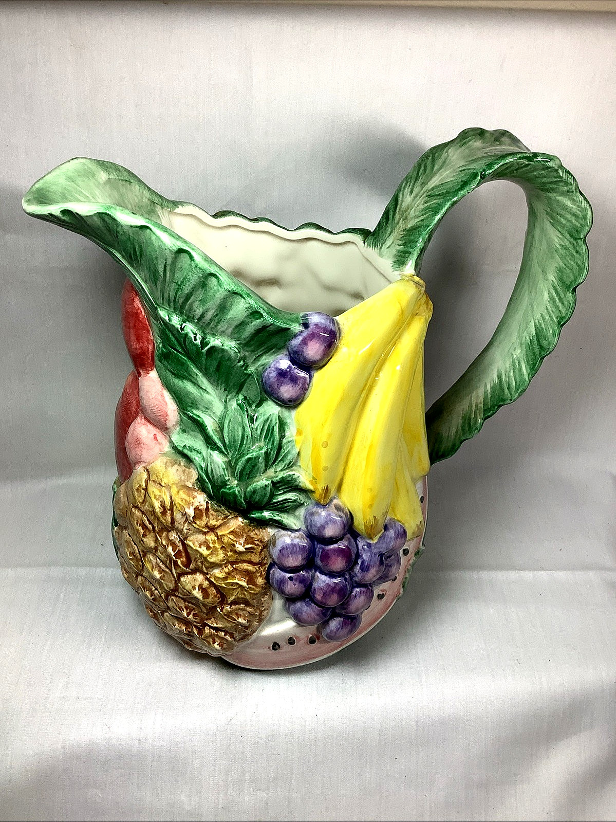 1988 Fitz & Floyd Thanksgiving Calypso Fruit Grapes Apples Majolica Pitcher   84