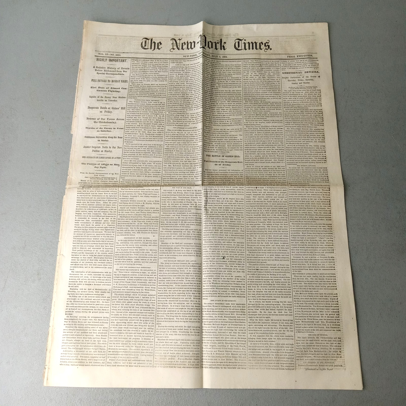 ORIGINAL 1862 Civil War Newspaper New York Times Battle of Gaines Mill Richmond