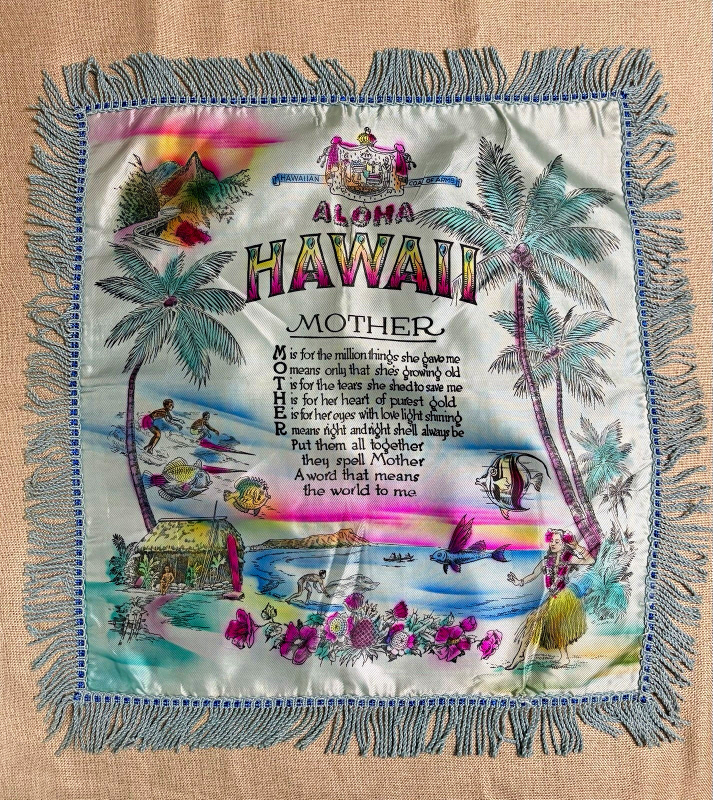 Hawaiian Coat of Arms Aloha Hawaii Mother Fringed Wall Hanging 17x17 in Hawaiian Coat of Arms Aloha Hawaii Mother Fringed Wall Hanging 17x17 in