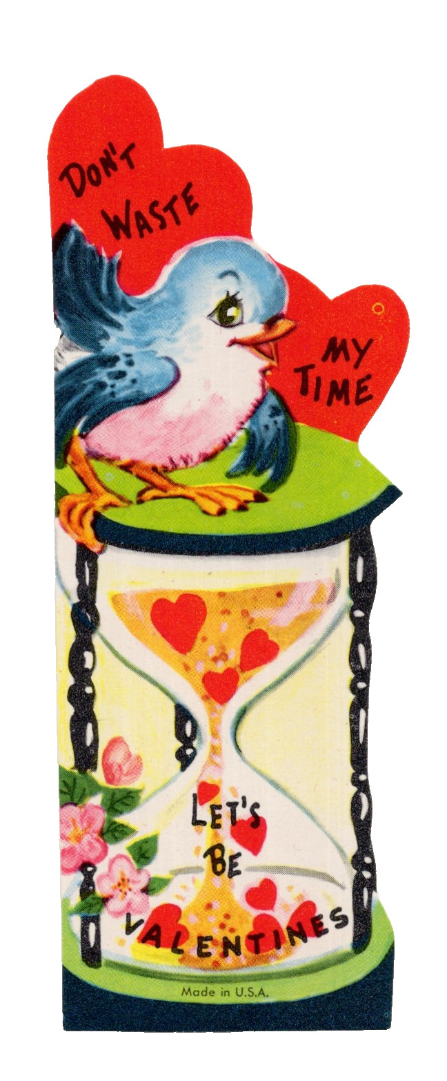 Vintage Valentine Card, BLUEBIRD ON HOURGLASS \