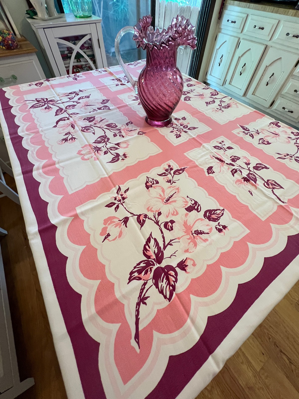 Vintage Tablecloth Maroon and Pink Hibiscus