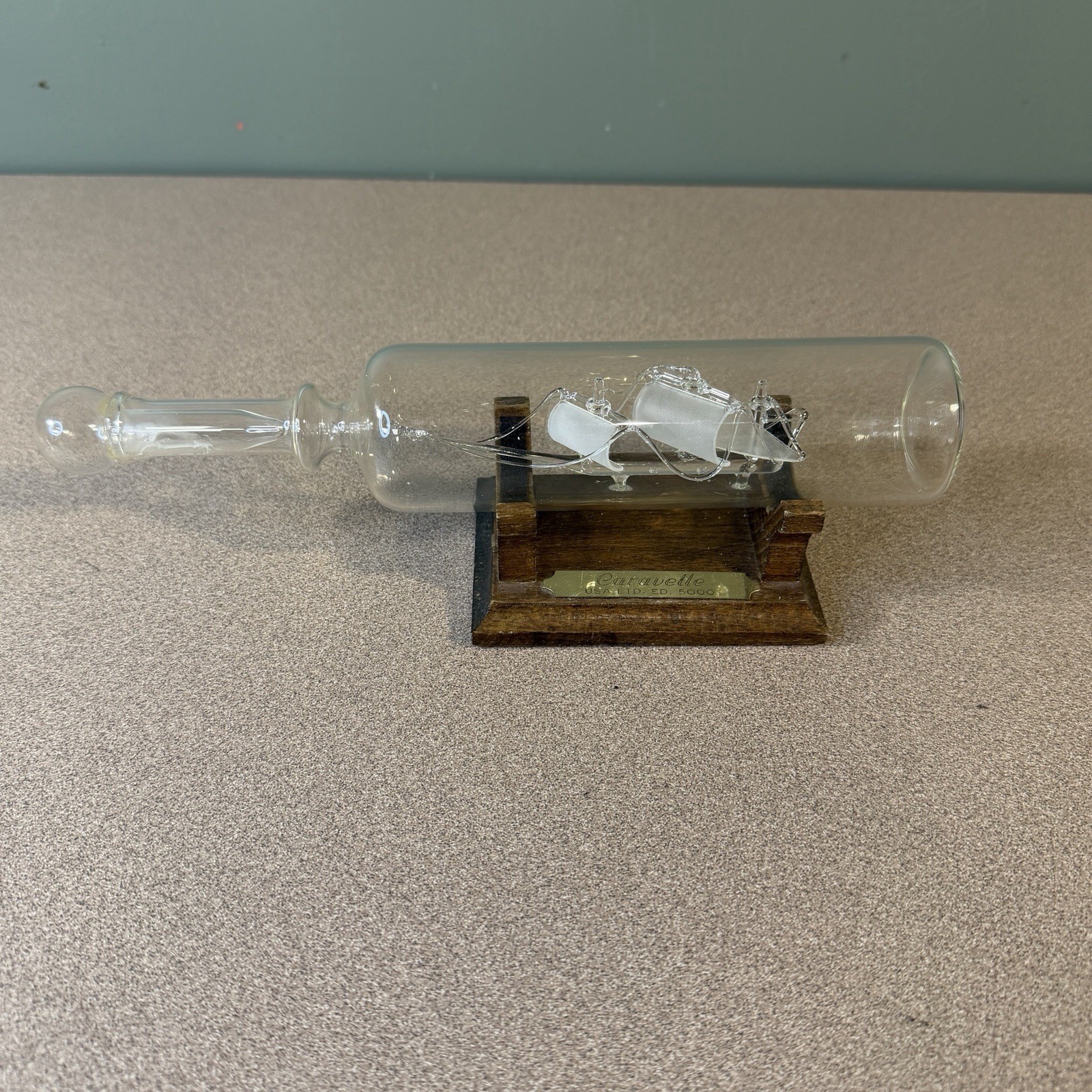 Caravelle Glass Ship in a Bottle on Wood Stand USA Ltd Edition 5000 Vintage #46