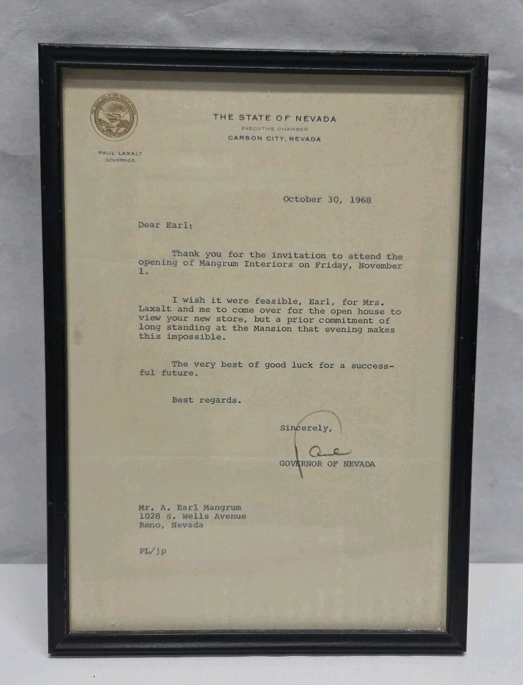 Paul Laxalt Signed Autographed Letter Congresional Letterhead October 30th 1968
