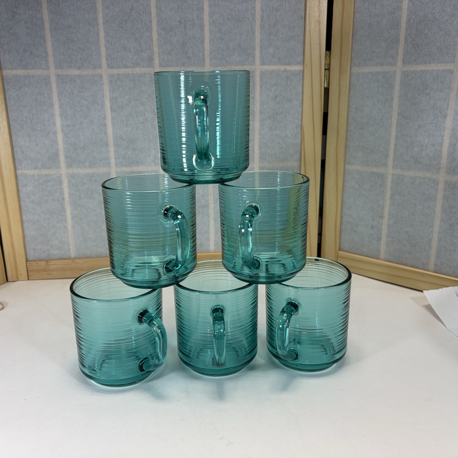 Vintage Arcoroc France Jardiniers Set Of 6 Mugs Turquoise Ribbed