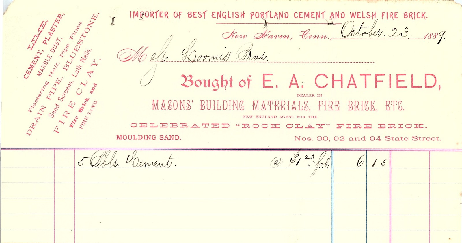 1889 New Haven Conn E. A. Chatfield Building Materials Billh