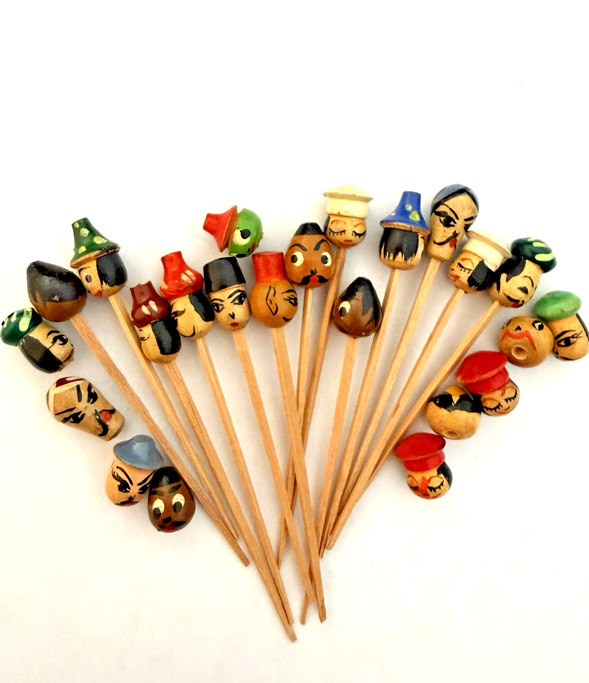 Vintage Hand Painted Face/Head Toothpicks Appetizer/Cocktail Picks Bar Lot of 23