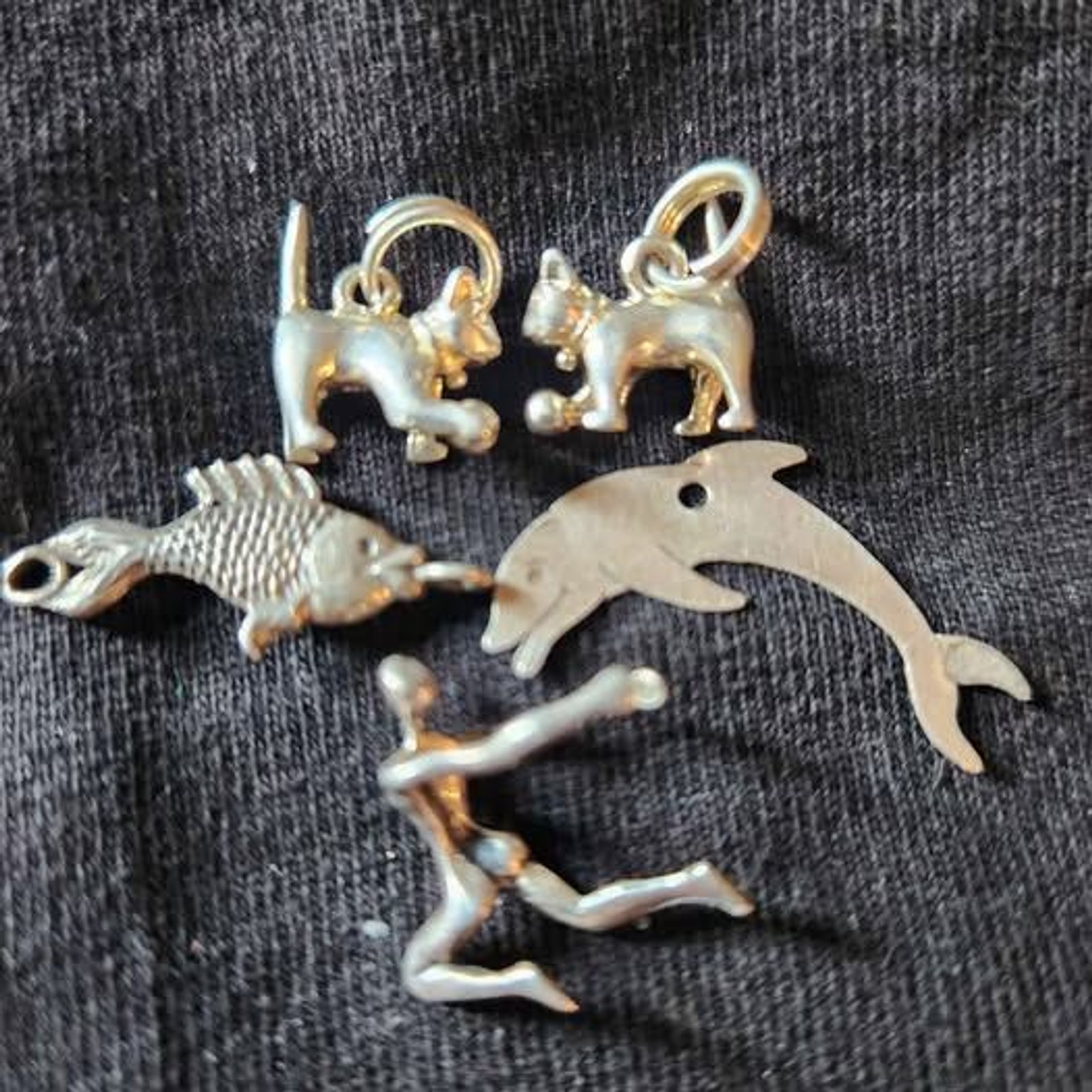 Vintage Sterling Silver Mini Charm Lot 5pc Cats Dolphin Fish Dancer 925
