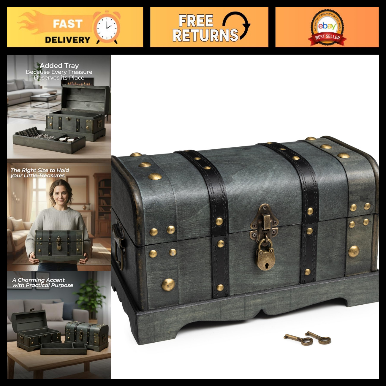 Lockable Wooden Treasure Chest Box with Tray, Keepsake Storage Trunk 11.8x7x7 in