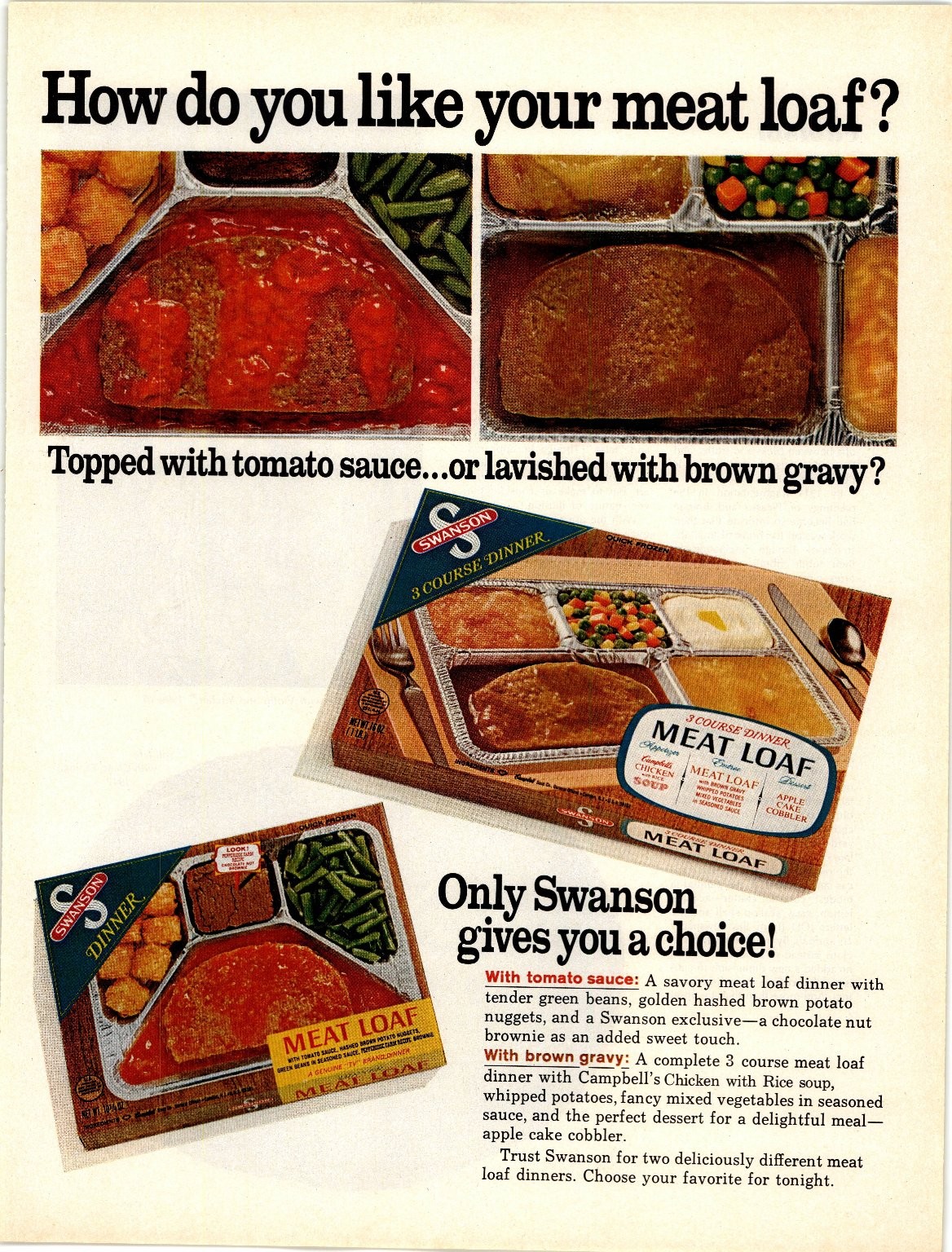 Swanson Meat Loaf TV Dinner Ad 1960s Food Frozen Meal Magazine Print AD123