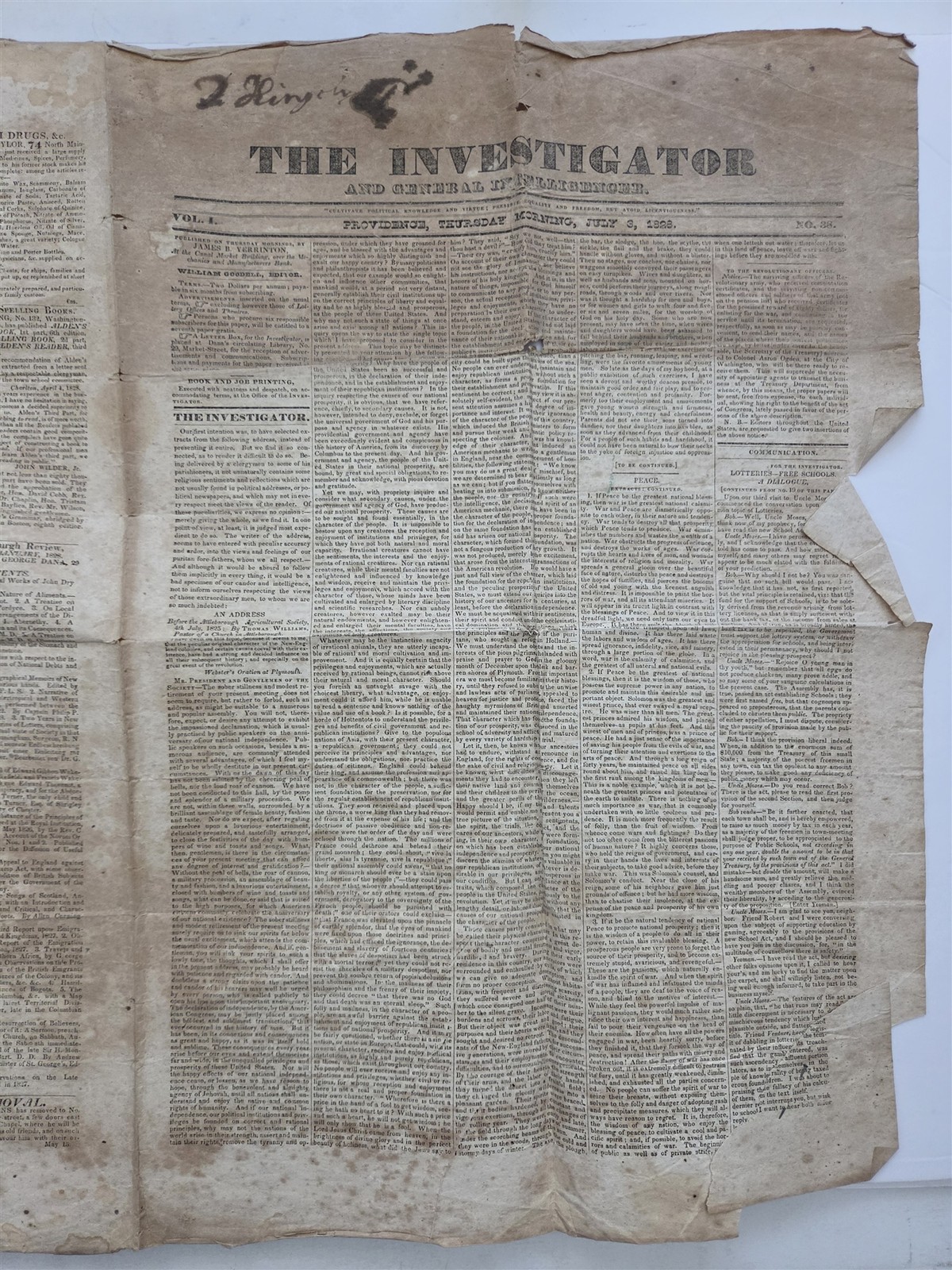 1828 antique THE INVESTIGATOR providence ri NEWSPAPER LOTTERIES FREE SCHOOLS