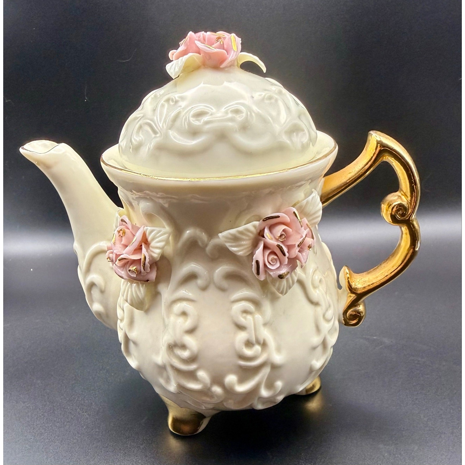 Vintage Cracker Barrel Ivory Porcelain Teapot Pink Roses 10k Gold Trim Victorian Vintage Cracker Barrel Ivory Porcelain Teapot Pink Roses 10k Gold Trim Victorian