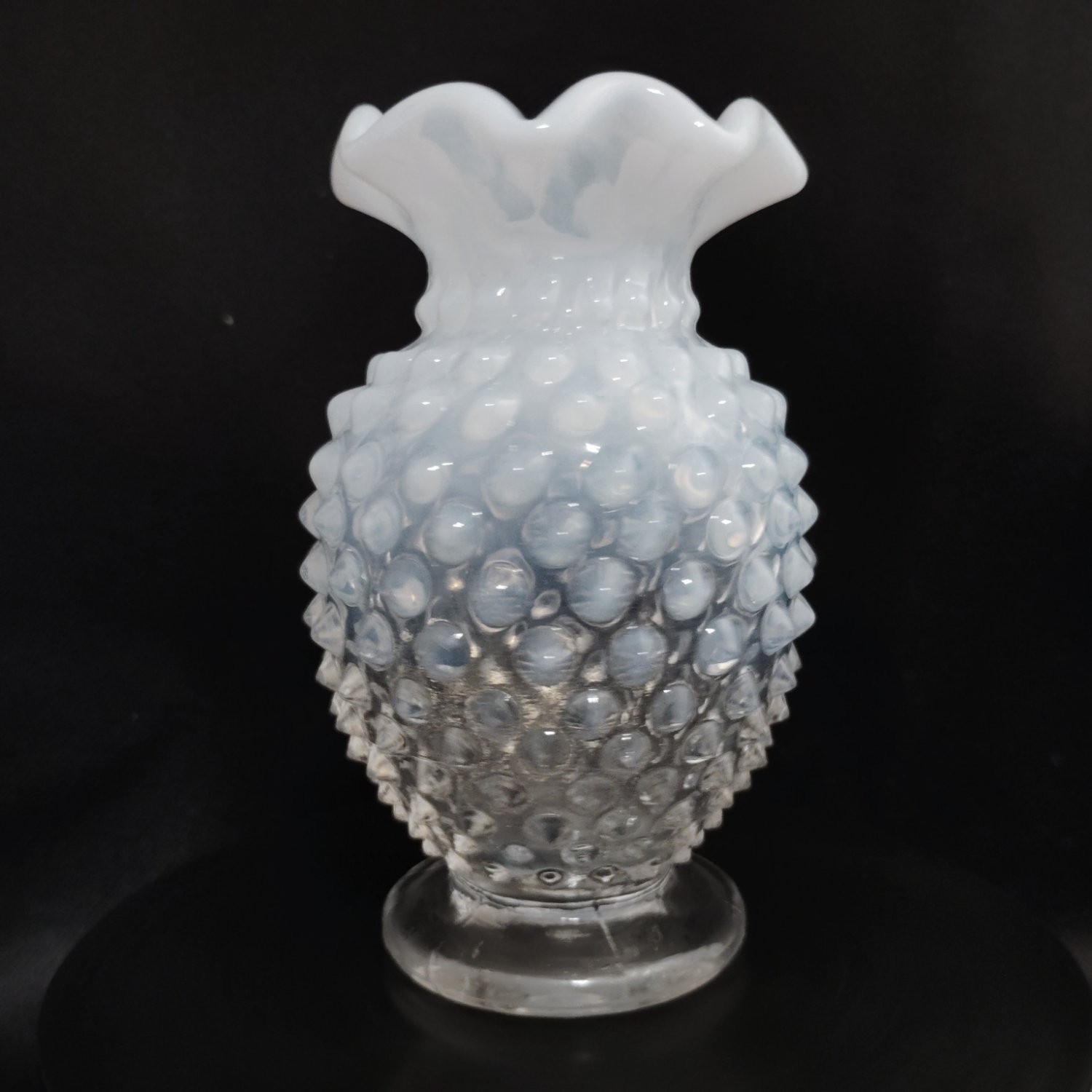 Antique Fenton White Opalescent Hobnail Moonglow Glass Vase Ruffled Rim