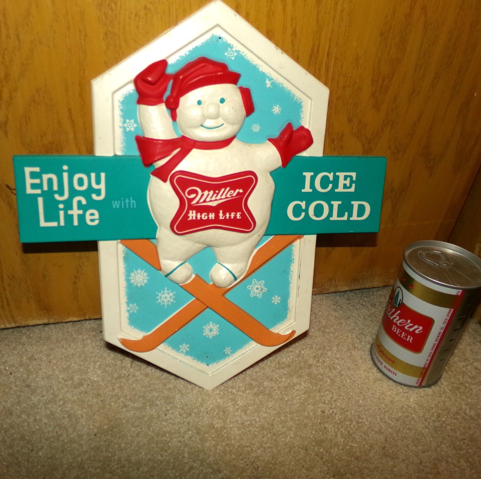 1950's MILLER HIGH LIFE beer SNOWMAN ON SKIES vacuum sign (enjoy life ice cold)