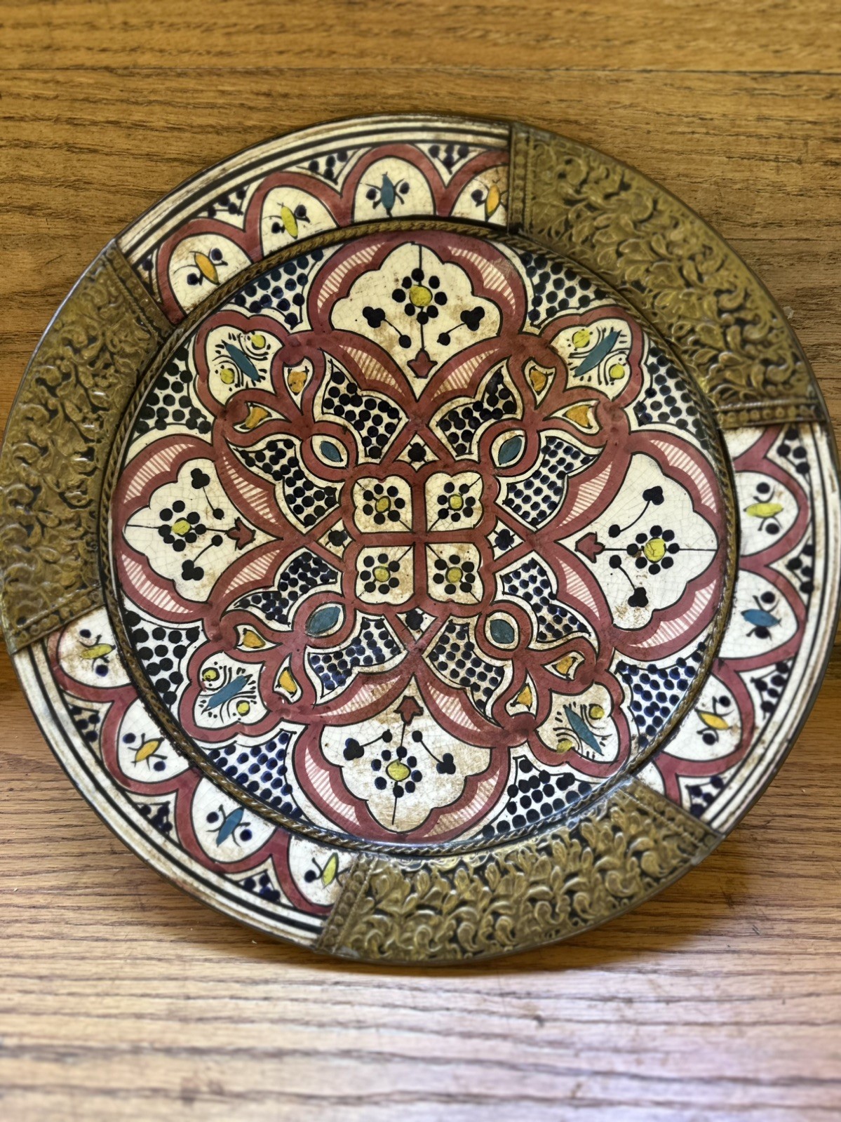 Vintage Moroccan Safi Glazed Ceramic Plate with Embossed Brass Rim