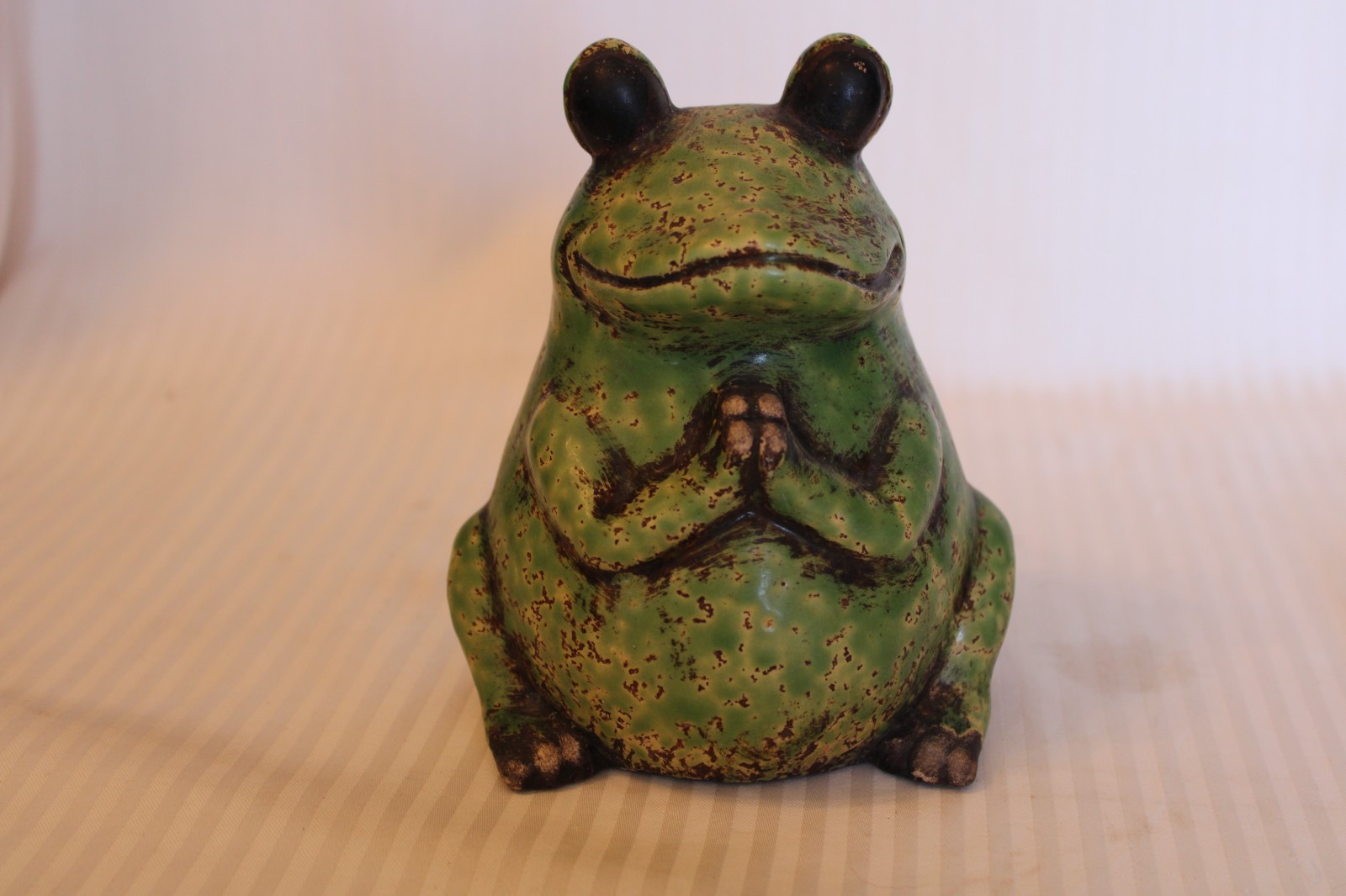 Ceramic Praying Frog Figurine, Green with Brown Accents, Unique Piece