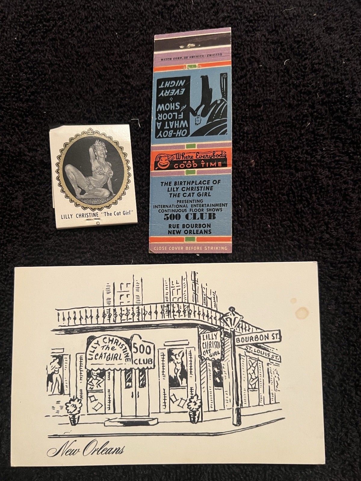 Vintage 500 Club Postcard & Matchbooks Lilly Christine Cat Girl New Orleans
