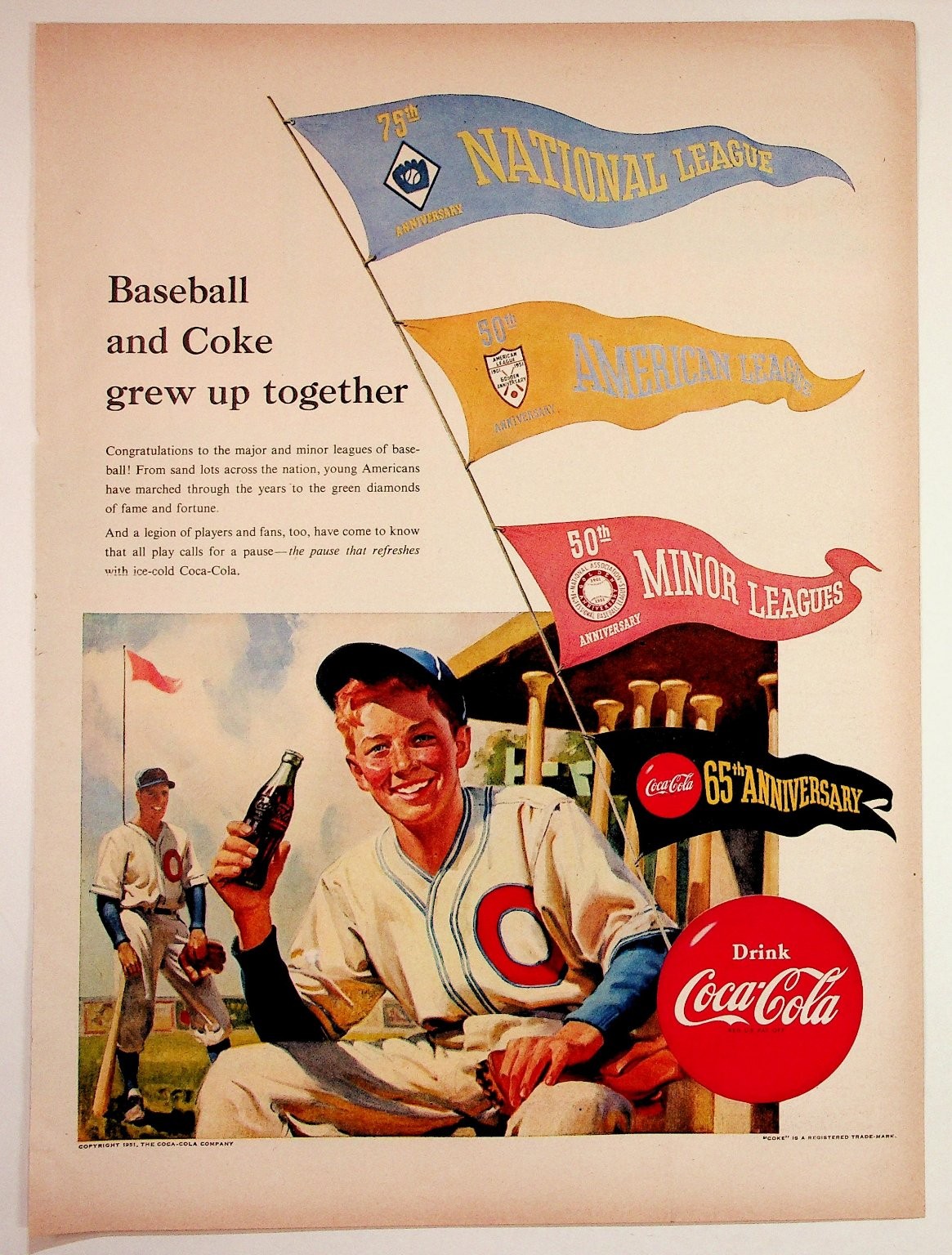 Vintage 1951 Coca-Cola Baseball Ad National American Minor League Anniversaries Vintage 1951 Coca-Cola Baseball Ad National American Minor League Anniversaries