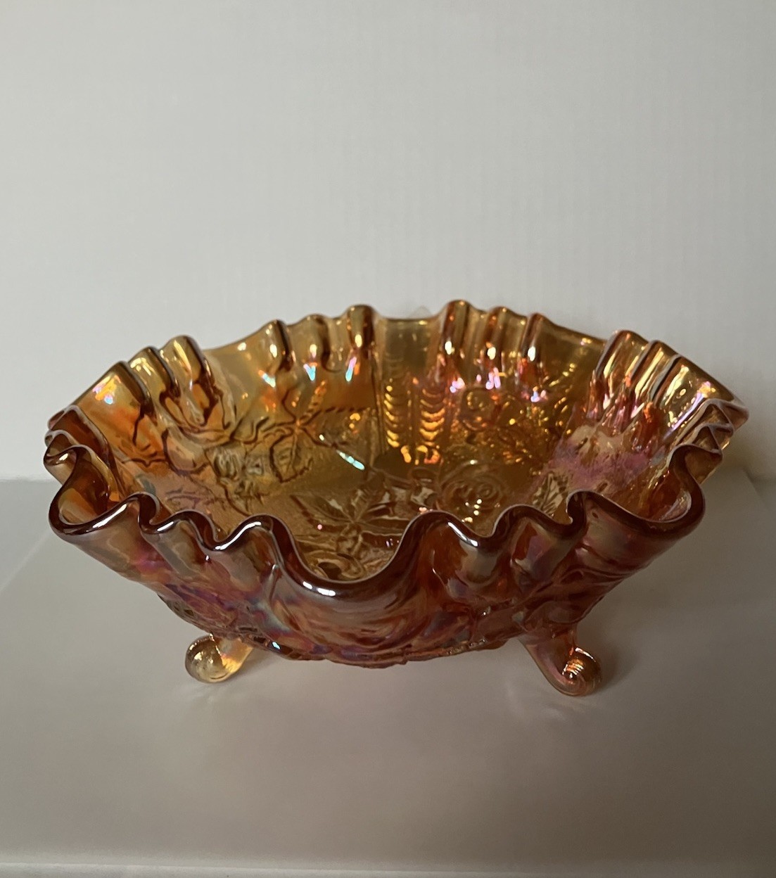 Vintage Imperial Carnival Glass Bowl Open Rose Three Footed 8 X 2.5 Inches Vintage Imperial Carnival Glass Bowl Open Rose Three Footed 8 X 2.5 Inches