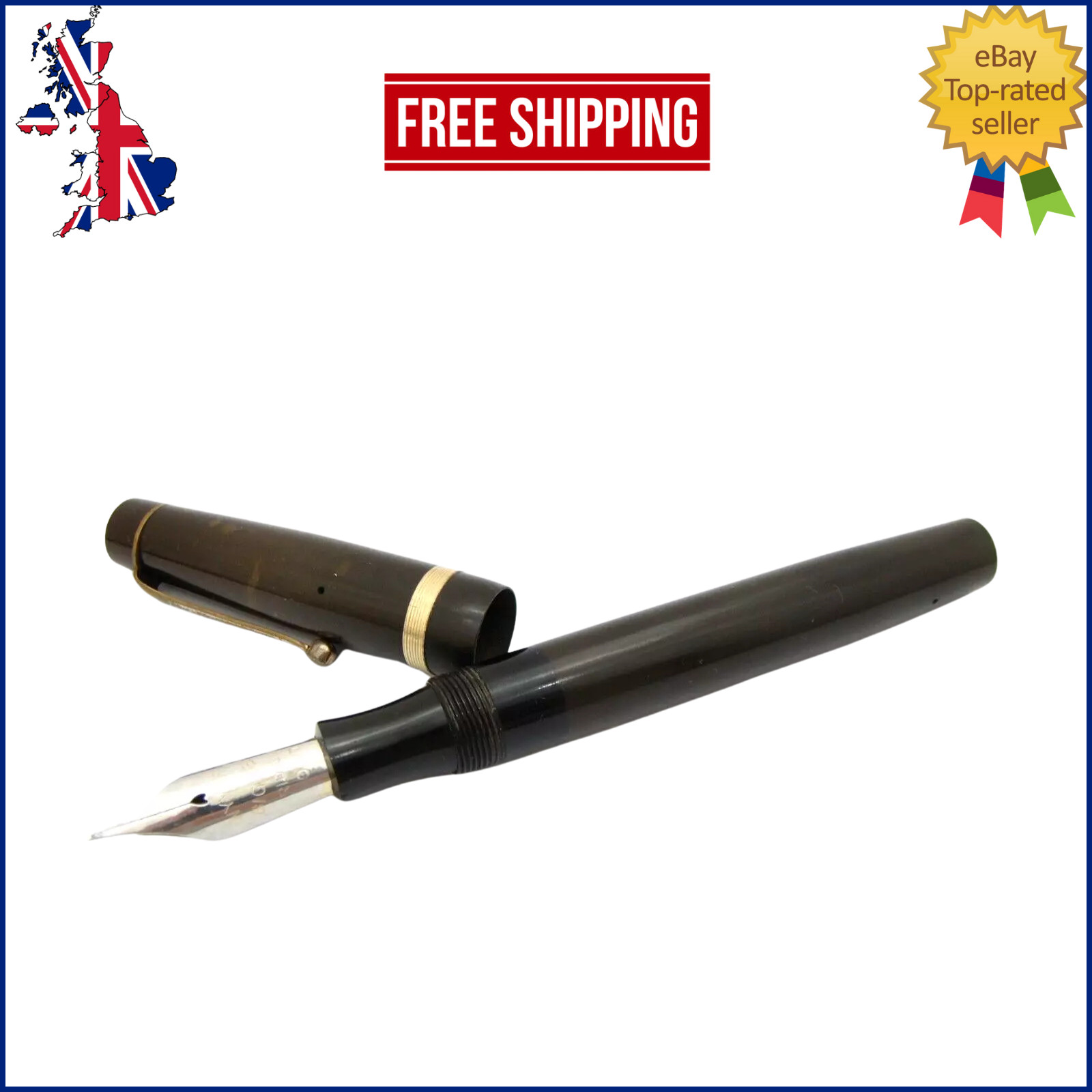 VINTAGE WYVERN BIG BEN FOUNTAIN PEN IN BLACK HARD RUBBER STEEL MEDIUM NIB OC