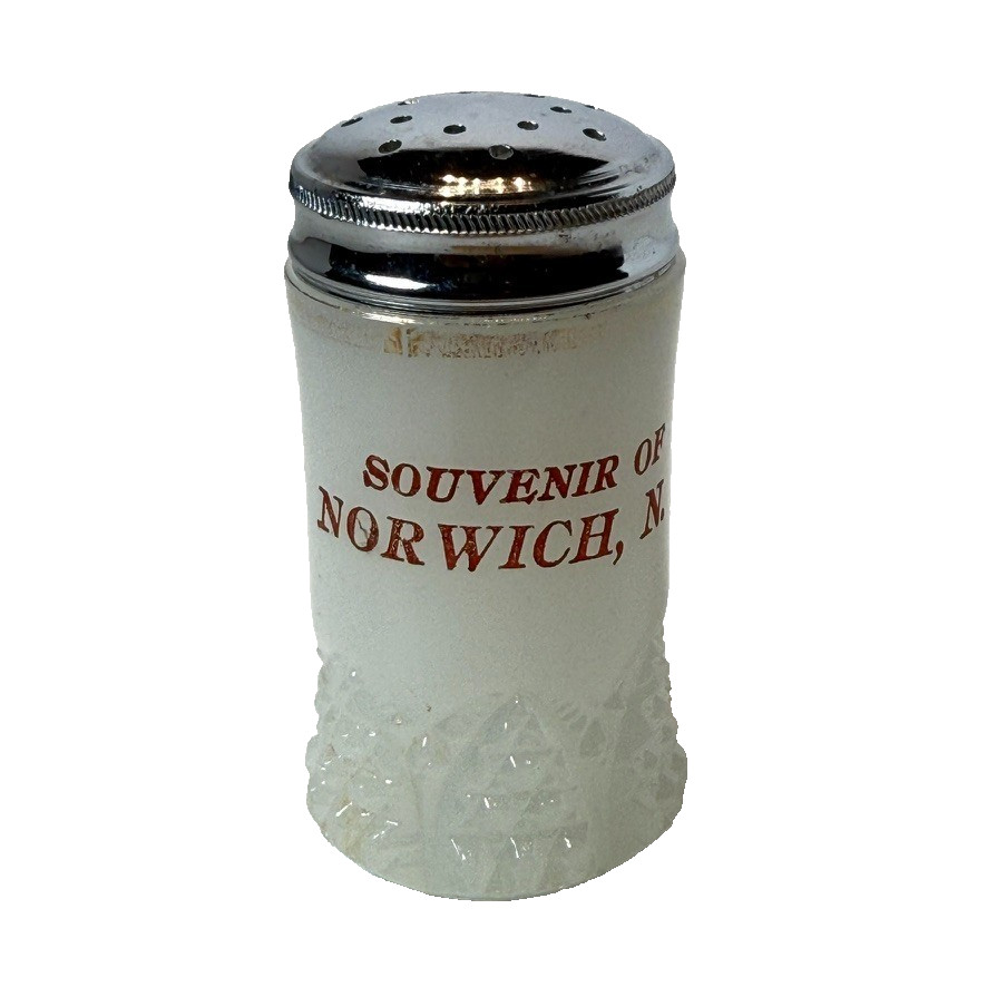 NORWICH NY NEW YORK ANTIQUE Souvenir DEPRESSION MILK WHITE Glass TRINKET SHAKER