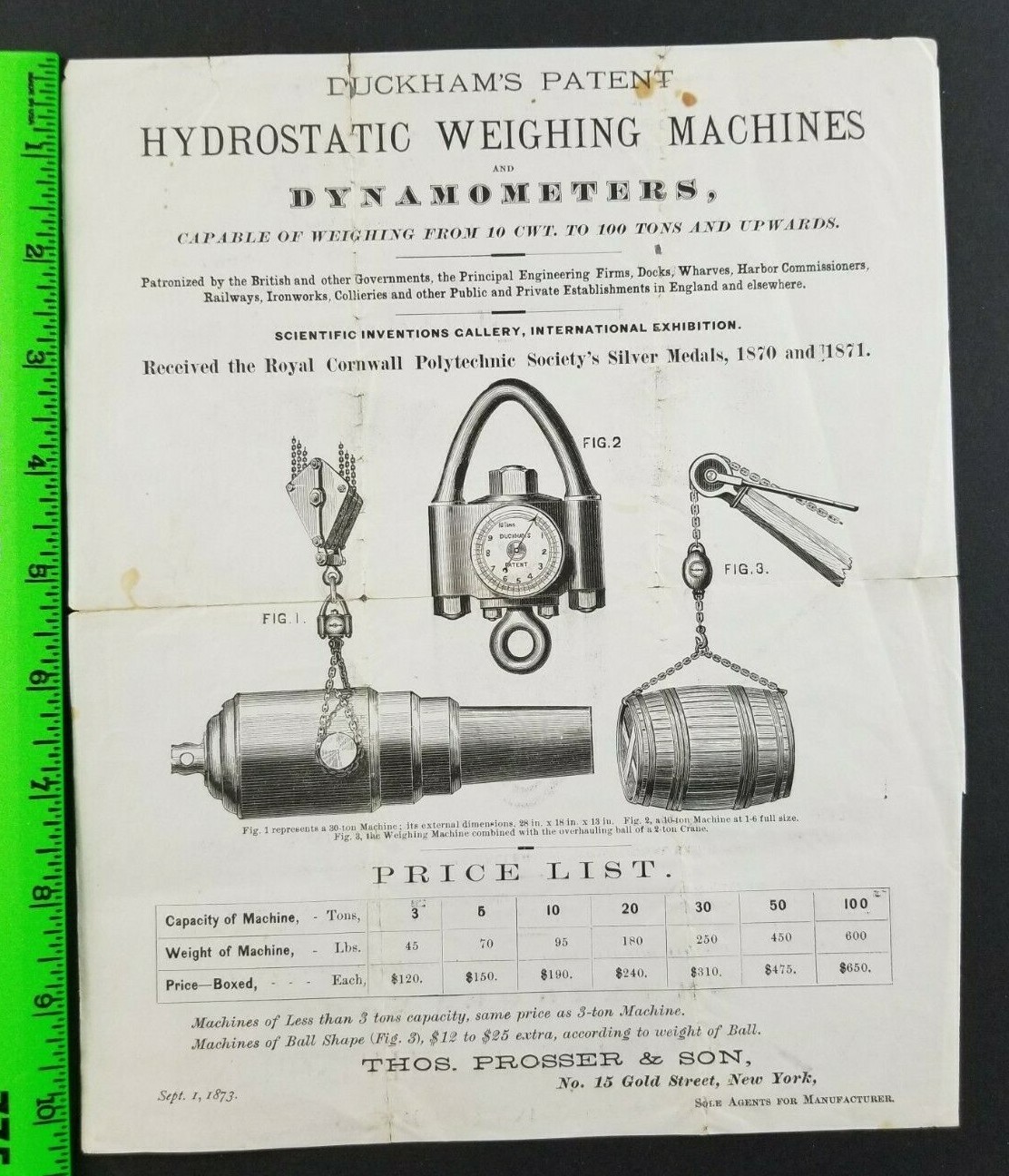 Vintage 1873 Duckhams Hydrostatic Weighing Machines Dynamometers Sales Flyer