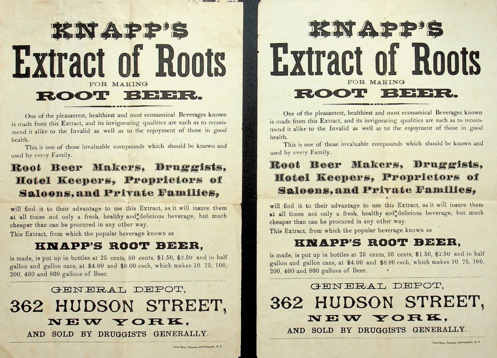 TWO 1800's KNAPP'S EXTRACT OF ROOTS FOR MAKING ROOT BEER FLYERS - E10-H