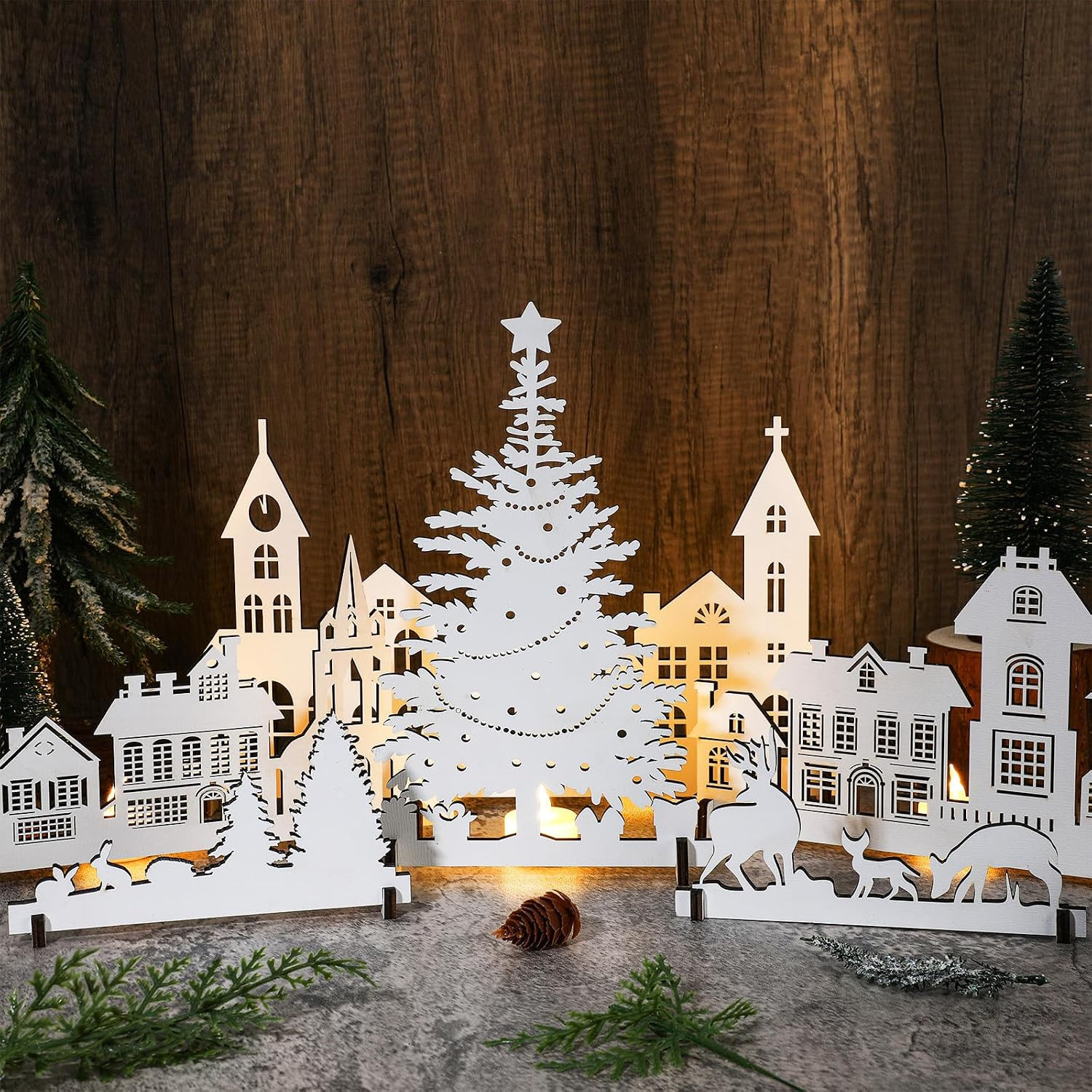 6 Pcs White Christmas Village Set Wooden White Houses Christmas Decor Xmas Vill
