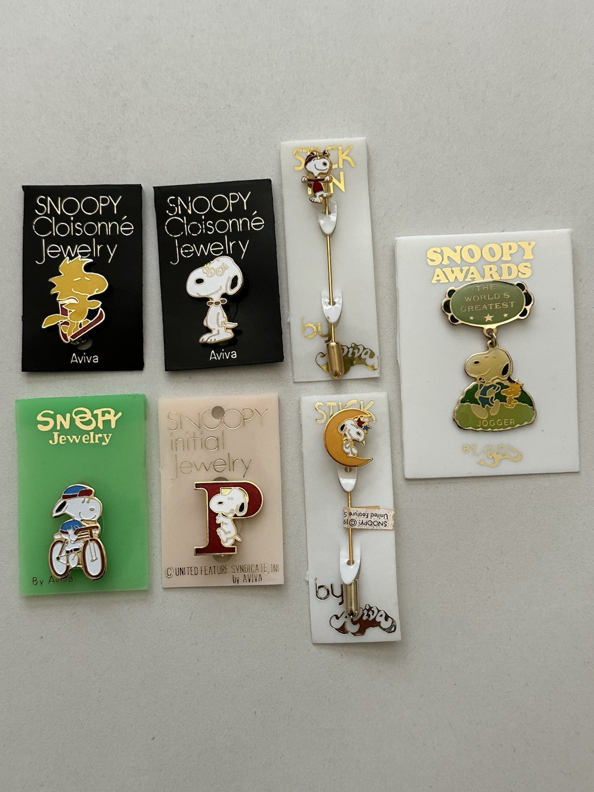 Lot Of 7 Vintage Snoopy Woodstock Jewelry, by Aviva pins. , Award Pin + more.