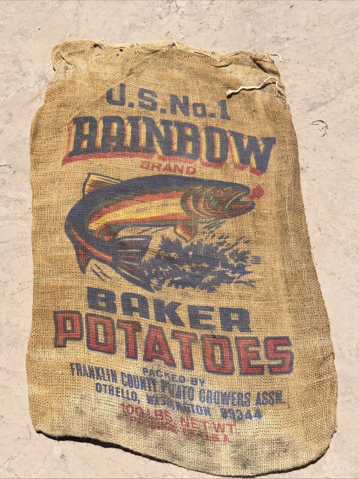 VTG Rainbow Trout Baker Washington Potatoes Burlap Bag 100 lbs Gunny Sack Rare VTG Rainbow Trout Baker Washington Potatoes Burlap Bag 100 lbs Gunny Sack Rare