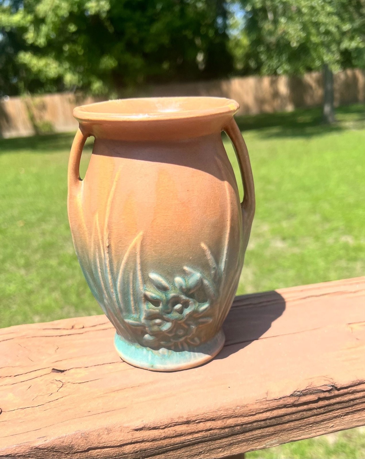 Vintage McCoy Pottery Matte Glaze Two-Handled Vase With Leaves And Berries Brown Vintage McCoy Pottery Matte Glaze Two-Handled Vase With Leaves And Berries Brown