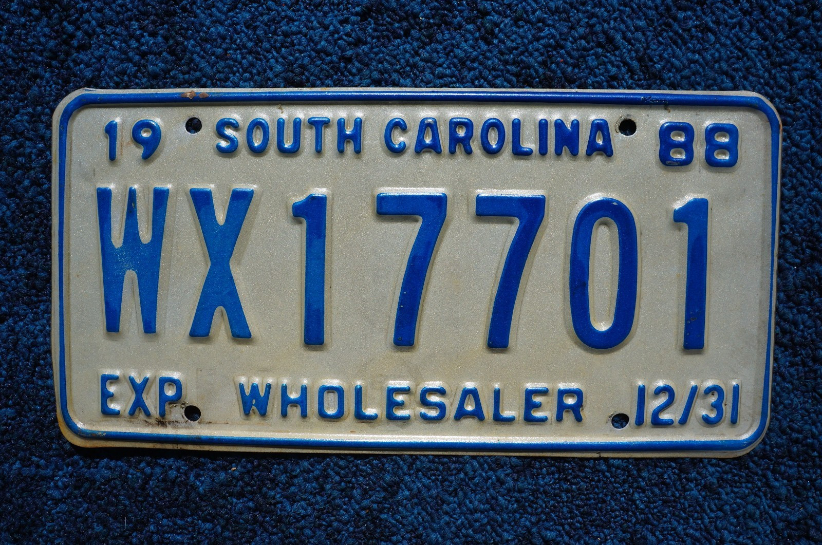 1988 South Carolina WHOLESALER Dealer License Plate 1988 South Carolina WHOLESALER Dealer License Plate