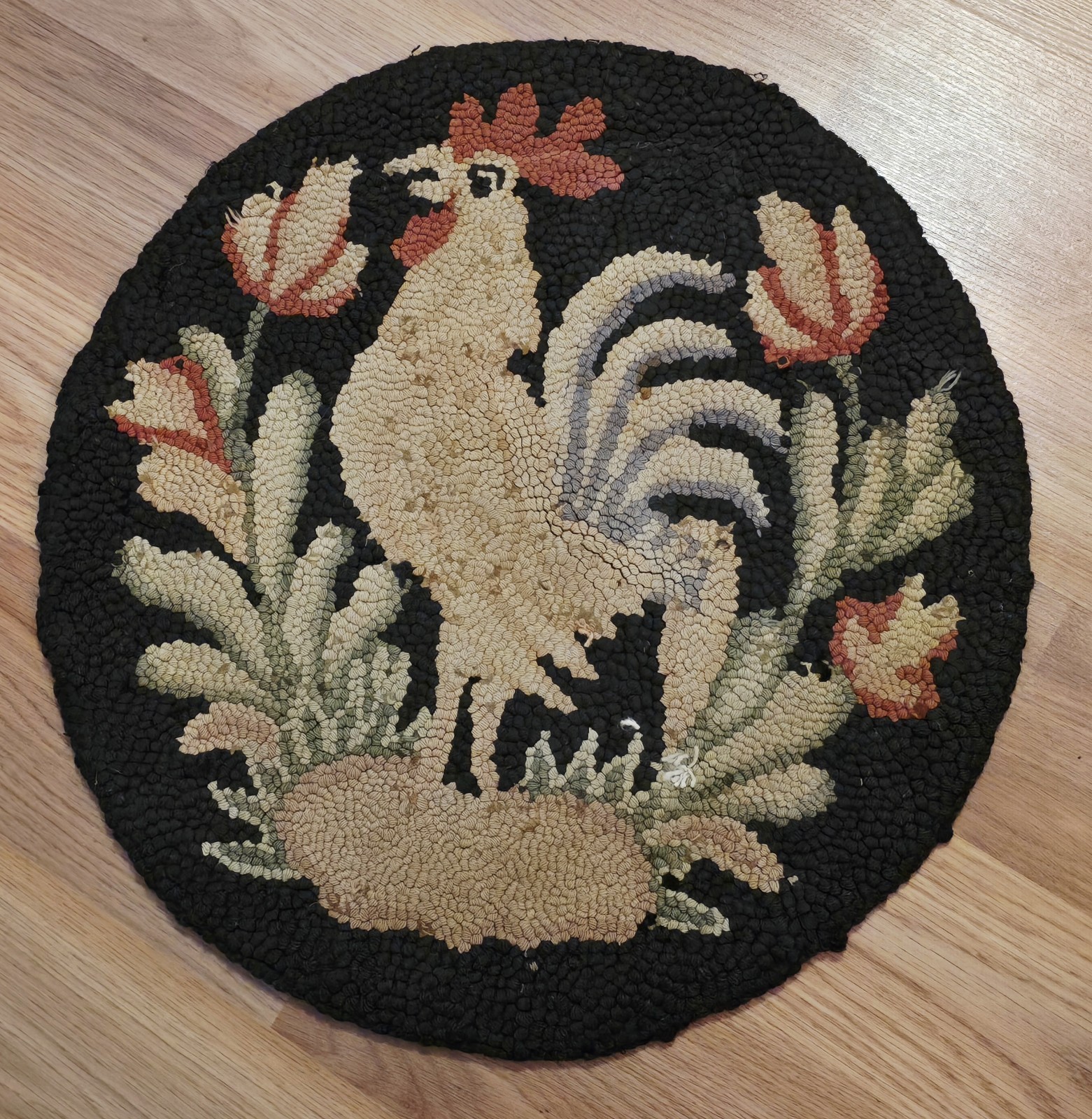 Antique Textile Cape Guild Hand Made Cotton Hooked Rug Seat Pad - Rooster 15.5