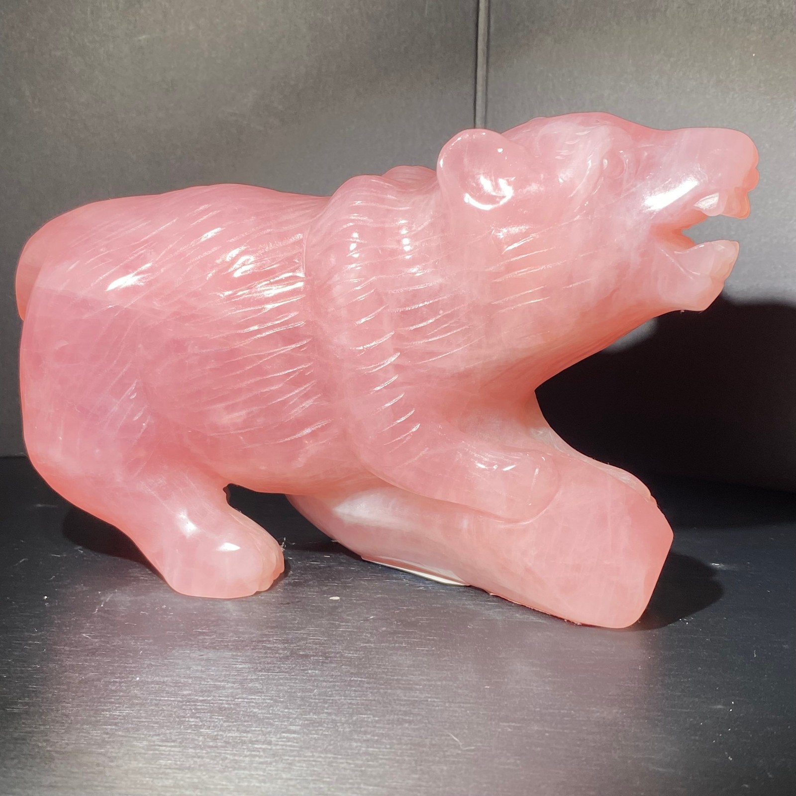 1970g Rare Pink  bear Carved Polar crystal Bear Gemstone Animal Statue