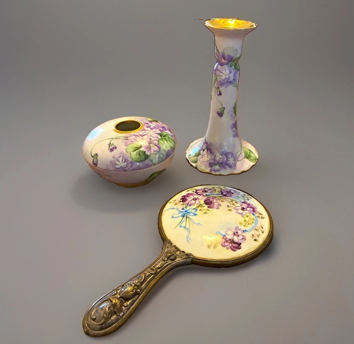 Antique T&V Limoges France Violet Vanity Set Hair Receiver Mirror Vase