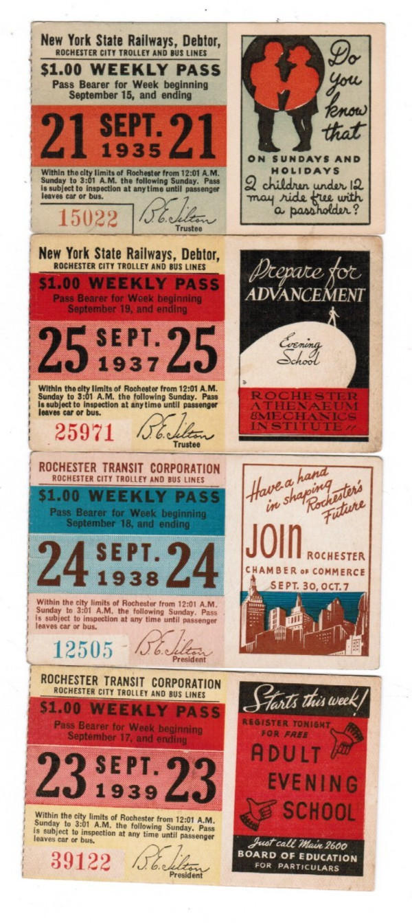 4 TRANSIT TICKET Passes Rochester New York September 1935 1937 1938 1939