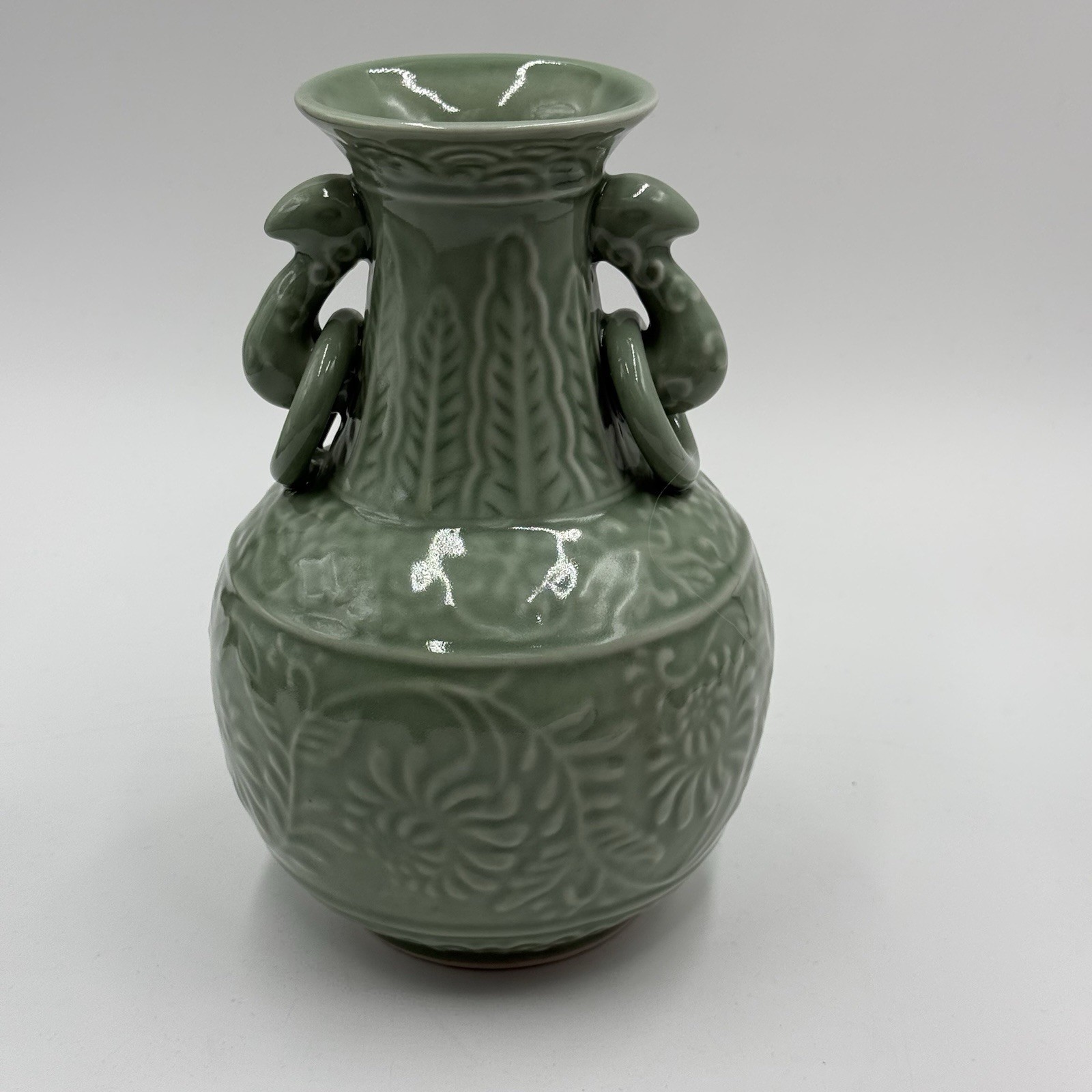 Celedon Elephant Double Handled Andrea By Sadek Chopsticks Vase Floral Pattern
