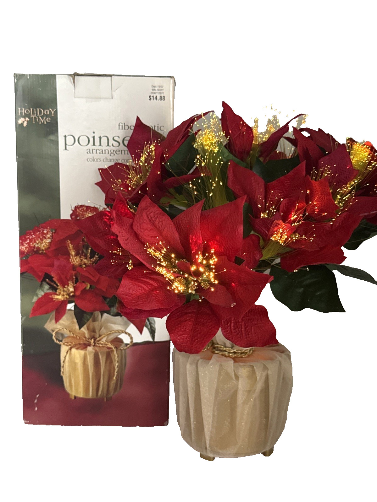 Holiday Time Fiber Optic Red Poinsettia Plant In Original Box 17” Christmas