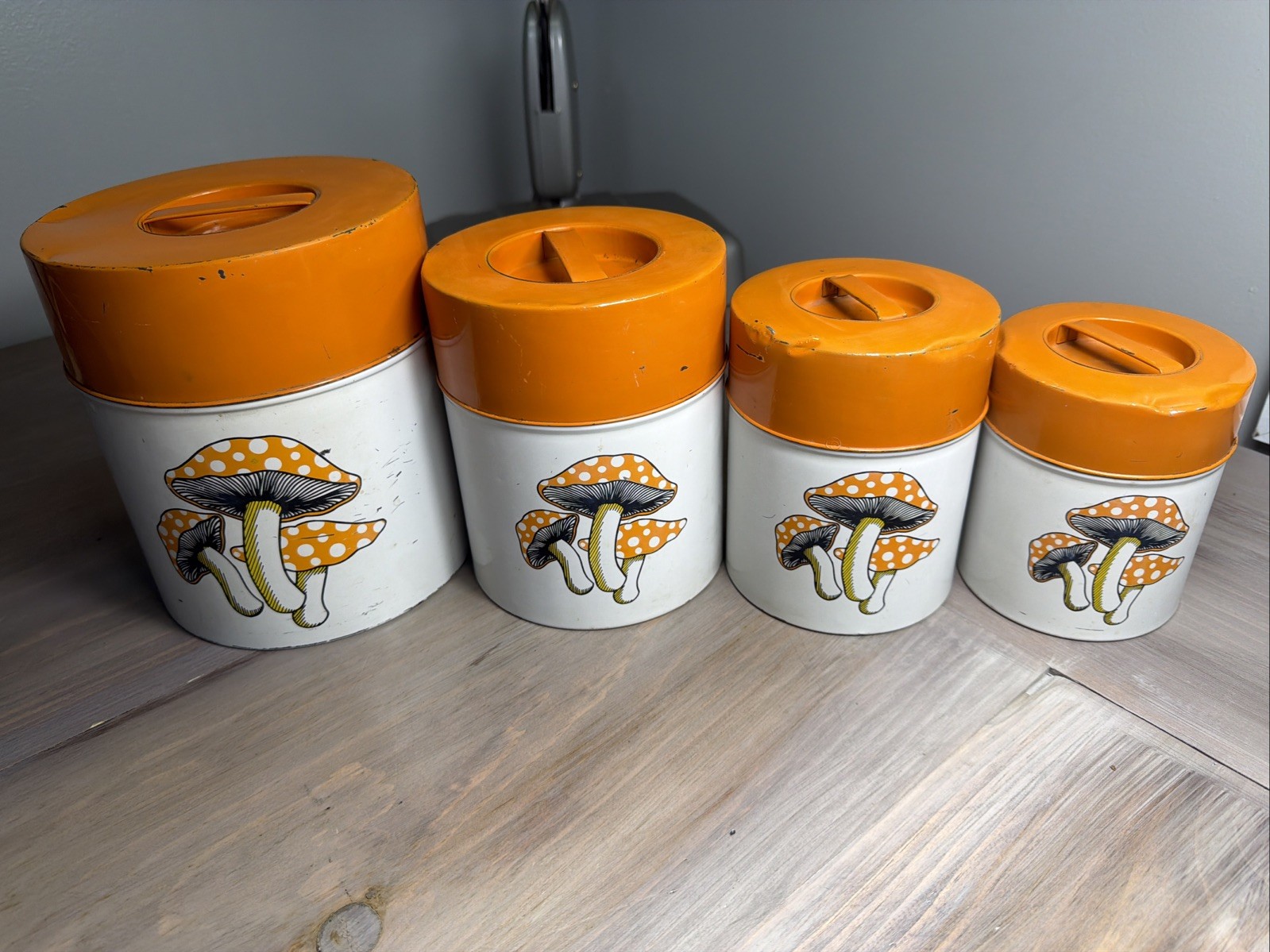 VTG 70s Mushroom Tin Canister Set 4 Pc Orange White Japan MCM Pride Creations