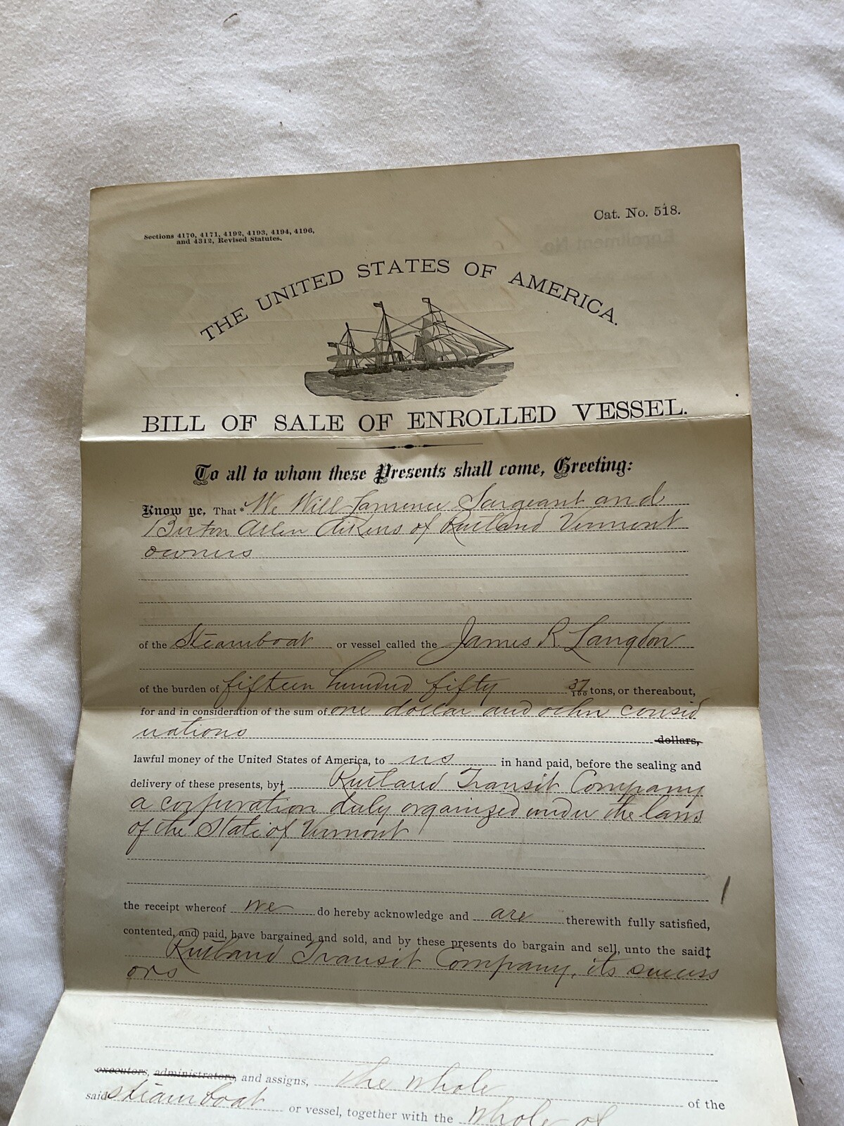 483 Steamboat Bill of Sale James R Langdon Great Lakes Steamer Rutland Transit