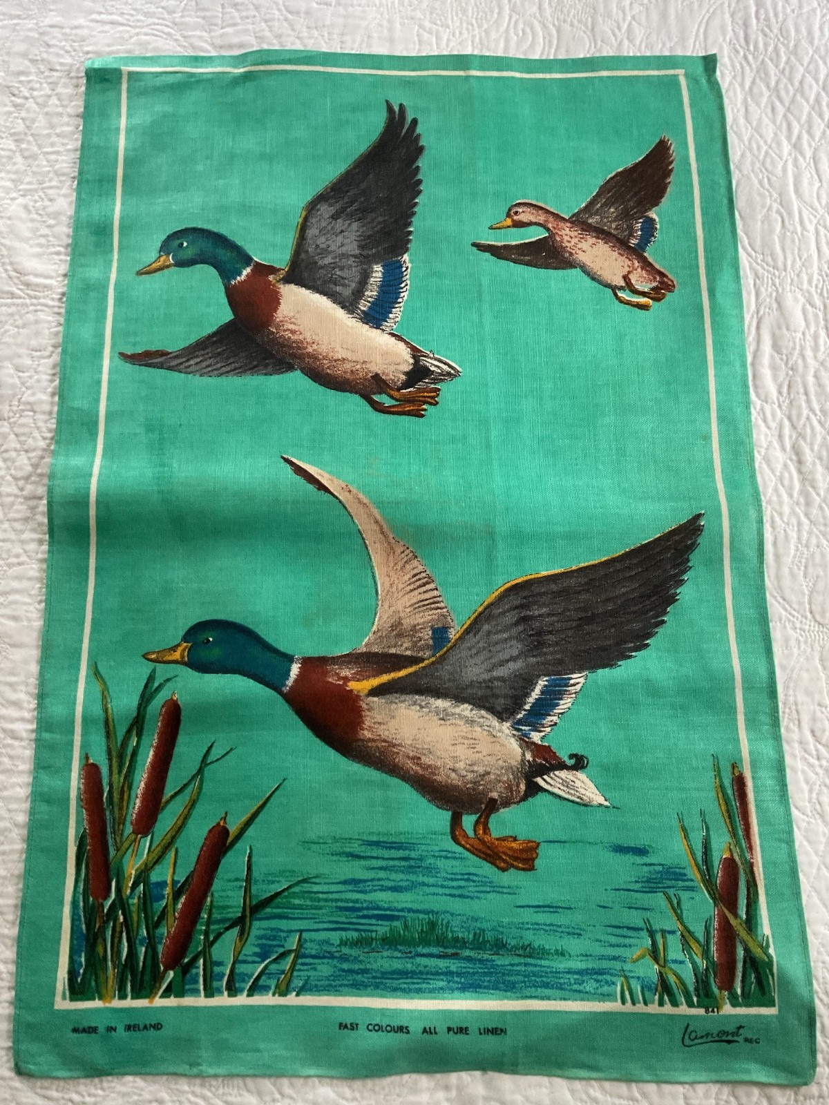 Vintage Samuel Lamont Pure Irish Linen Turquoise Flying Ducks Tea Towel EPOC