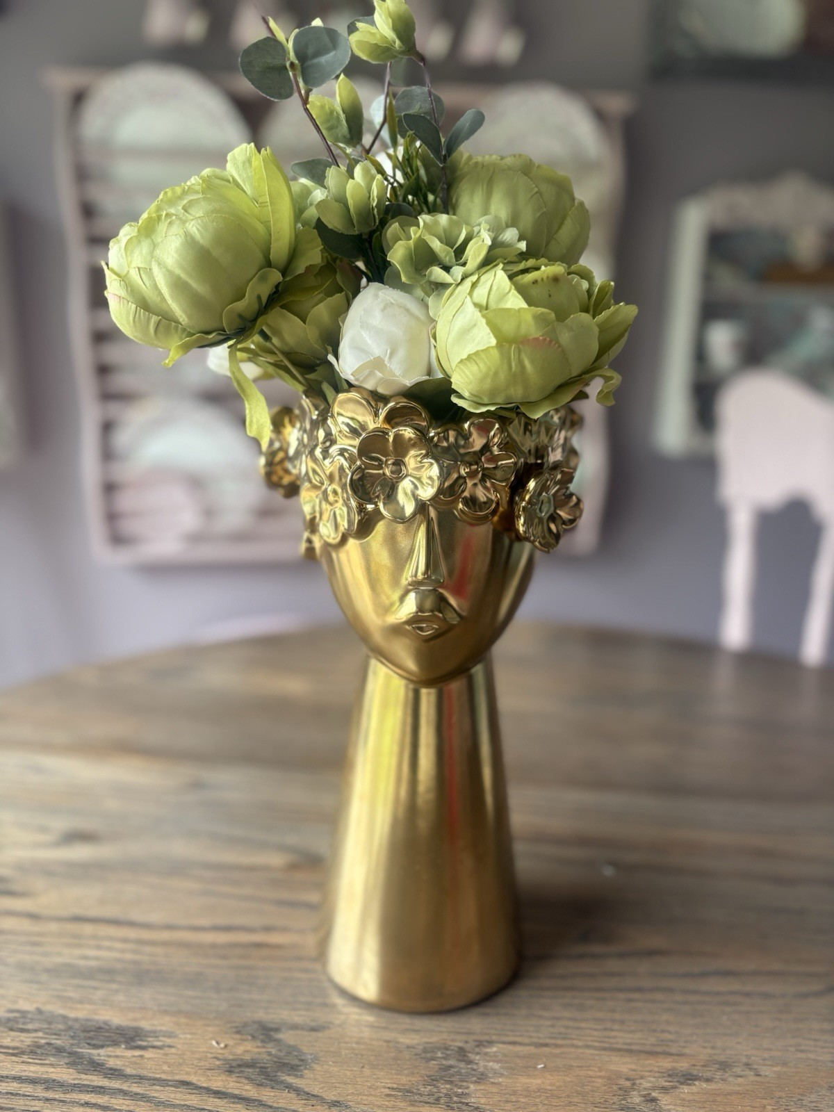 Beautiful Woman Ceramic Gold Vase With Green Peonies
