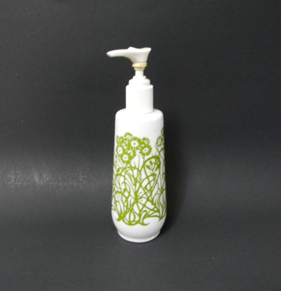 1970’s Amway Milk Glass Lotion Soap Pump Dispenser White Green Floral VTG Empty