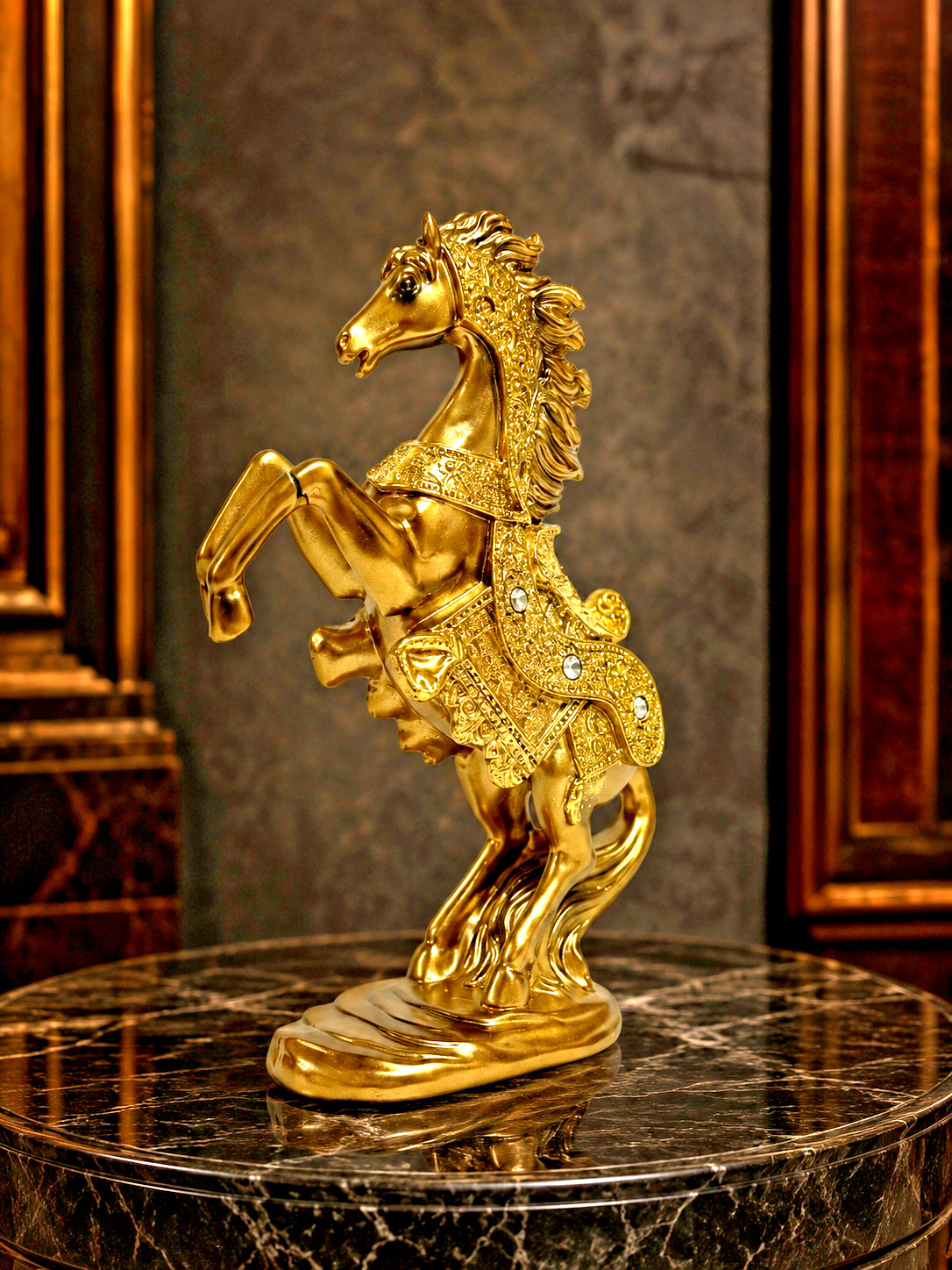 Golden Rearing Horse Statue Jeweled Resin Figurine Collectible Home Decor