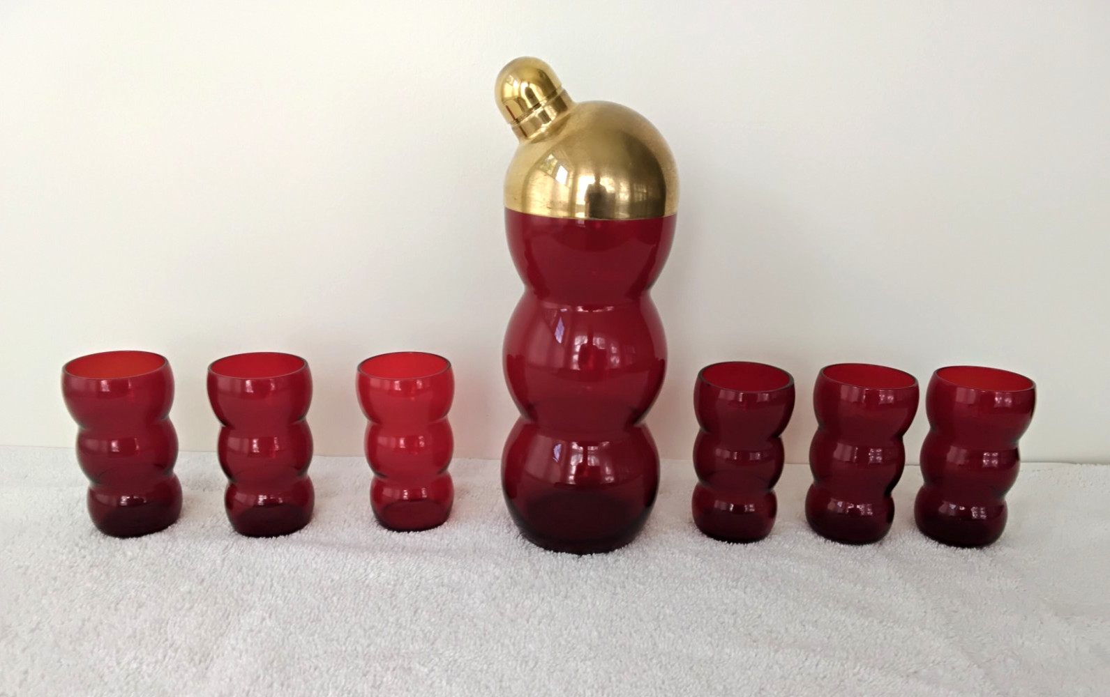 1930's Art Deco Fostoria Ruby Red Bubble Cocktail Shaker & Glasses 1930's Art Deco Fostoria Ruby Red Bubble Cocktail Shaker & Glasses